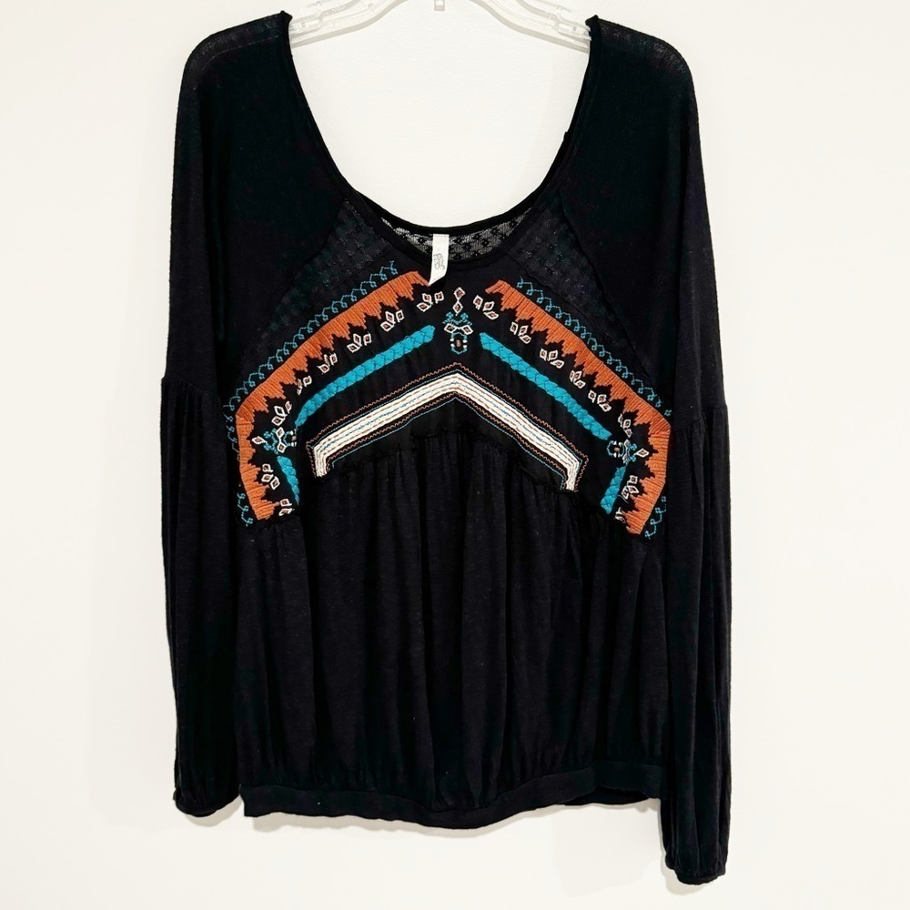 Free People | New World Embroidered Top Boho Lace Black Size Medium - Picture 3 of 8